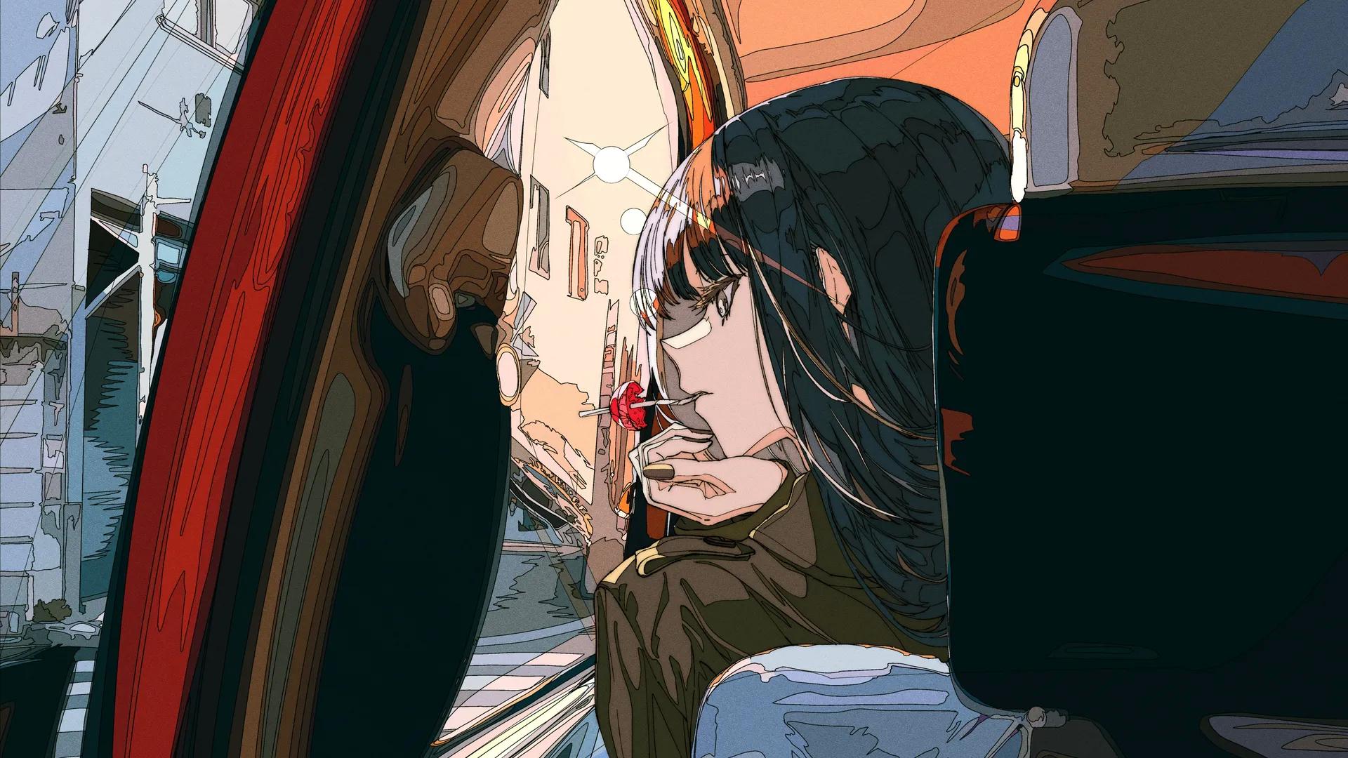 原创人物 黑眼睛 动漫 动漫女孩 汽车 日落 黑发