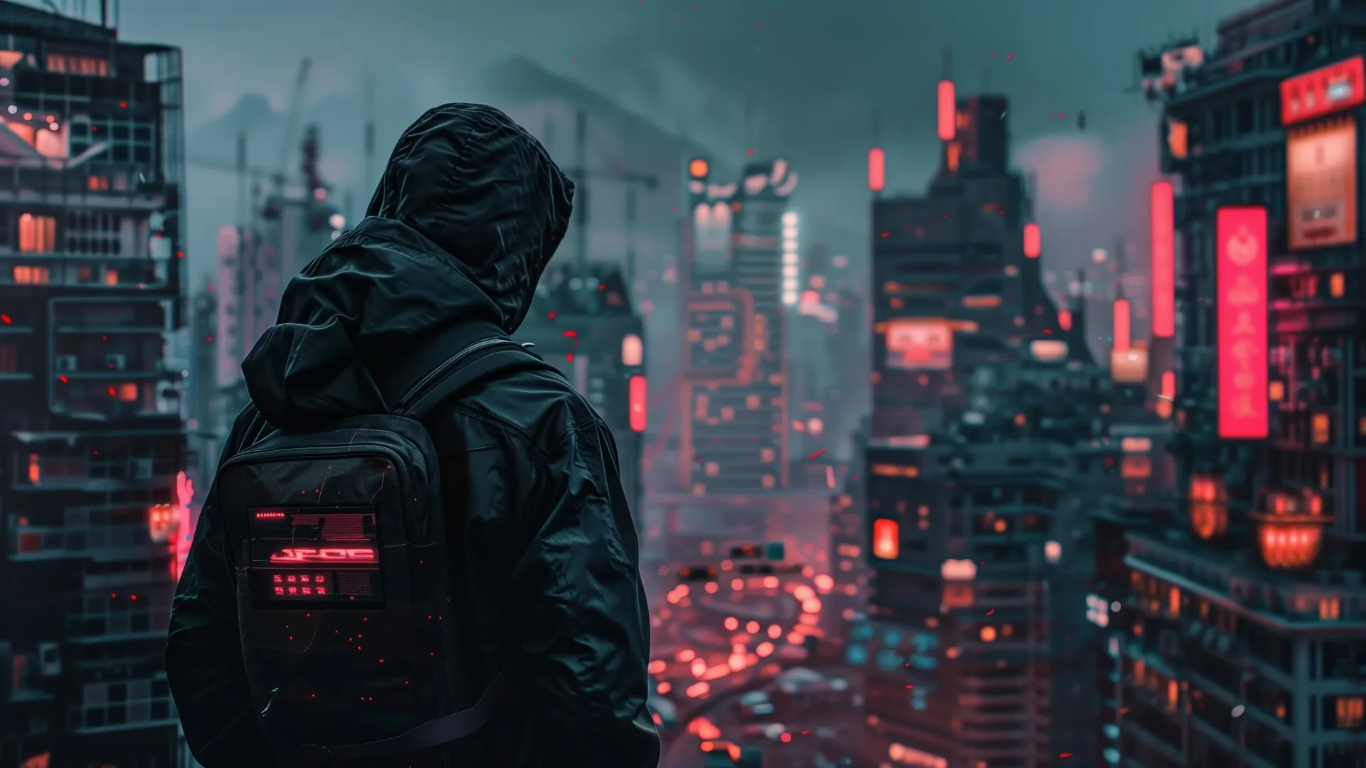 AI艺术赛博朋克4K壁纸：未来城市与兜帽背包