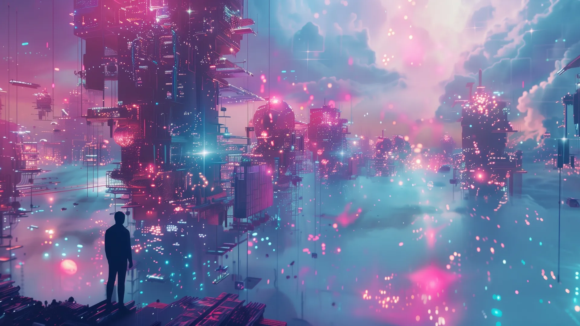 AI艺术科幻城市4K壁纸：彩色云图