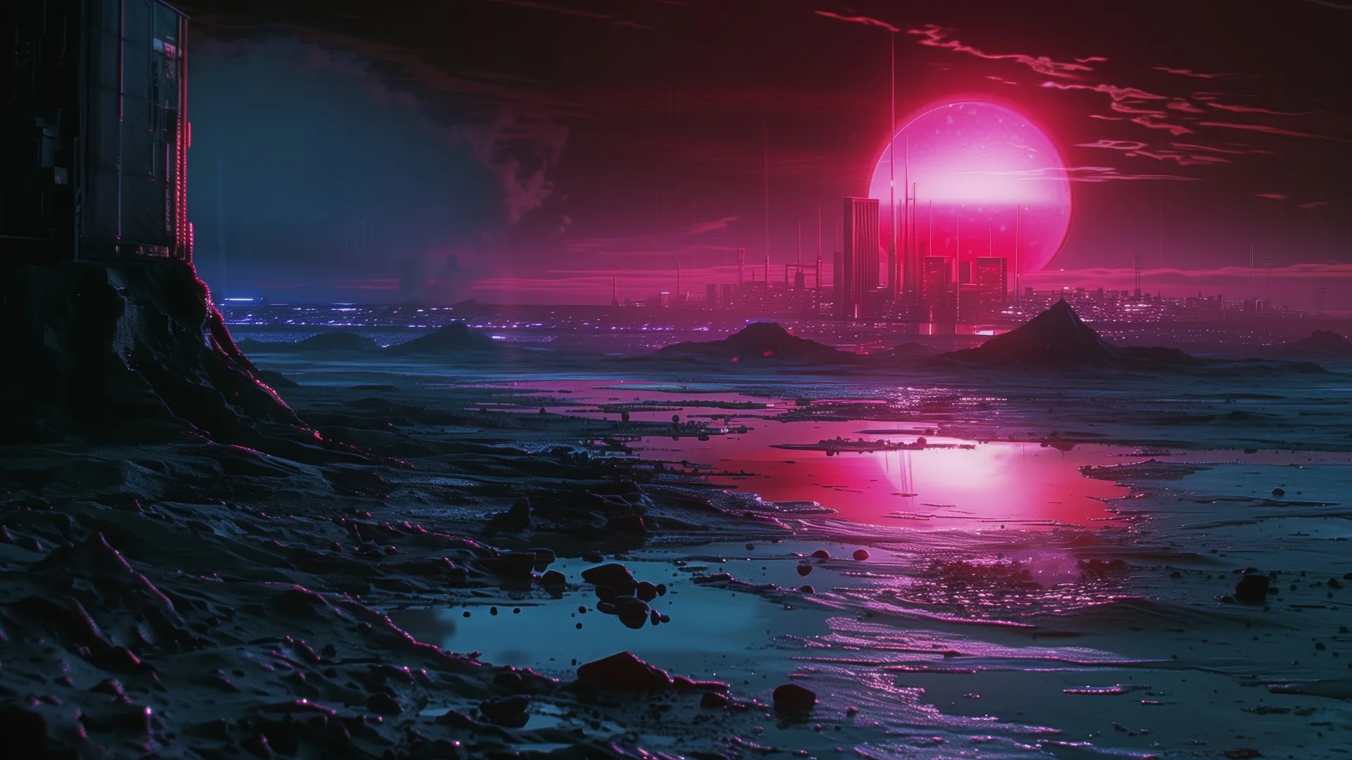 AI艺术粉色日落城市4K壁纸