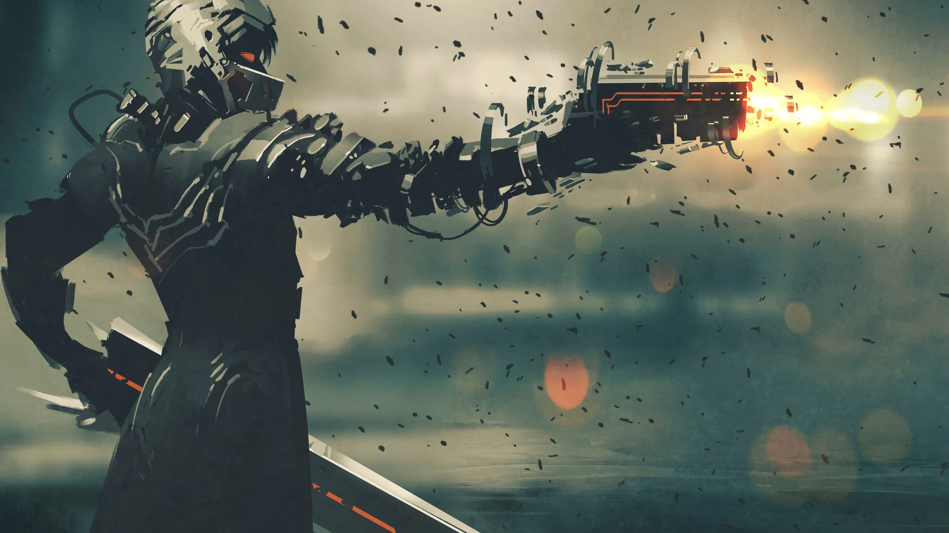 科幻射击：剑枪与AI艺术的未来头盔