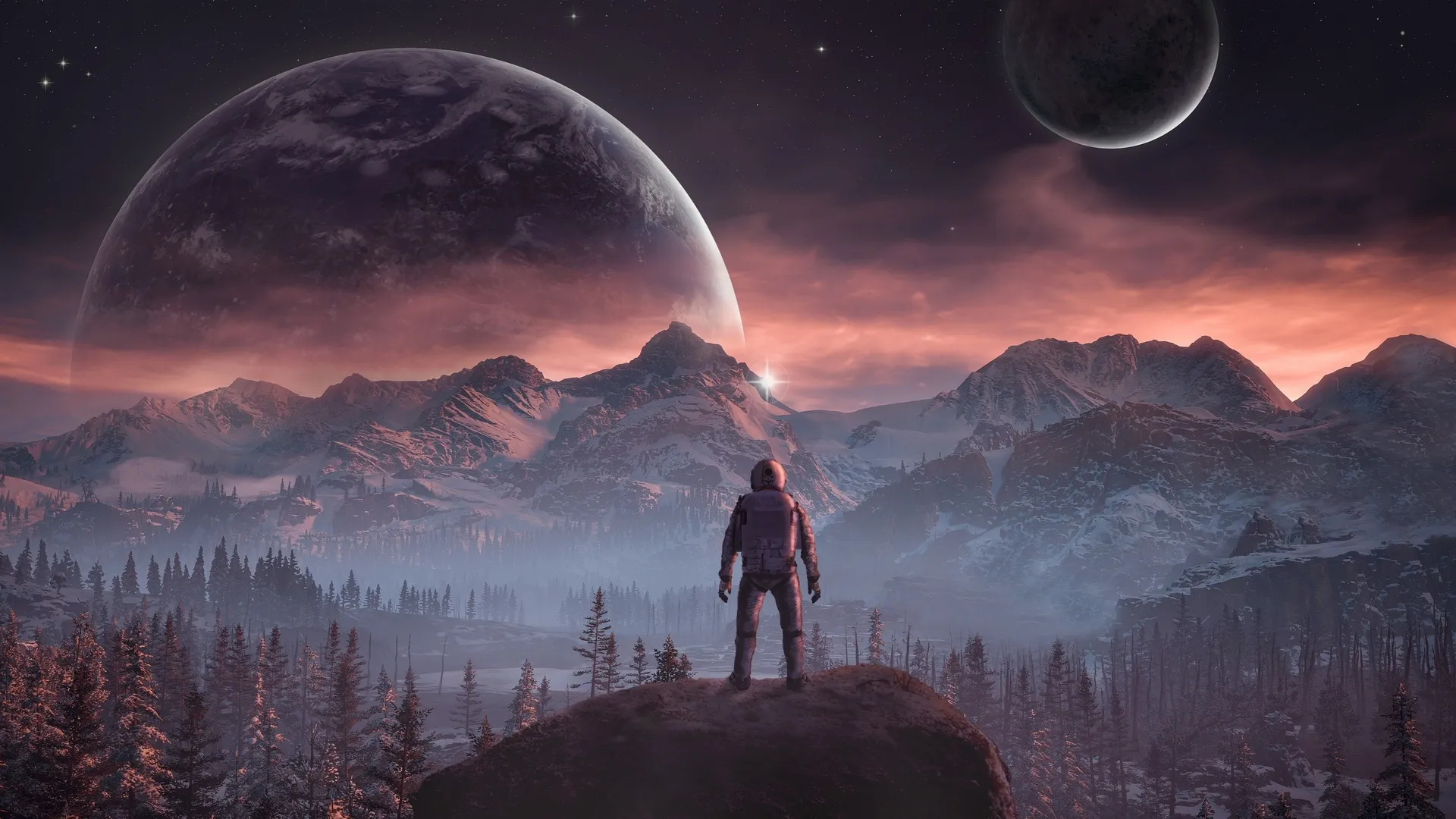宇航员山景行星4K壁纸