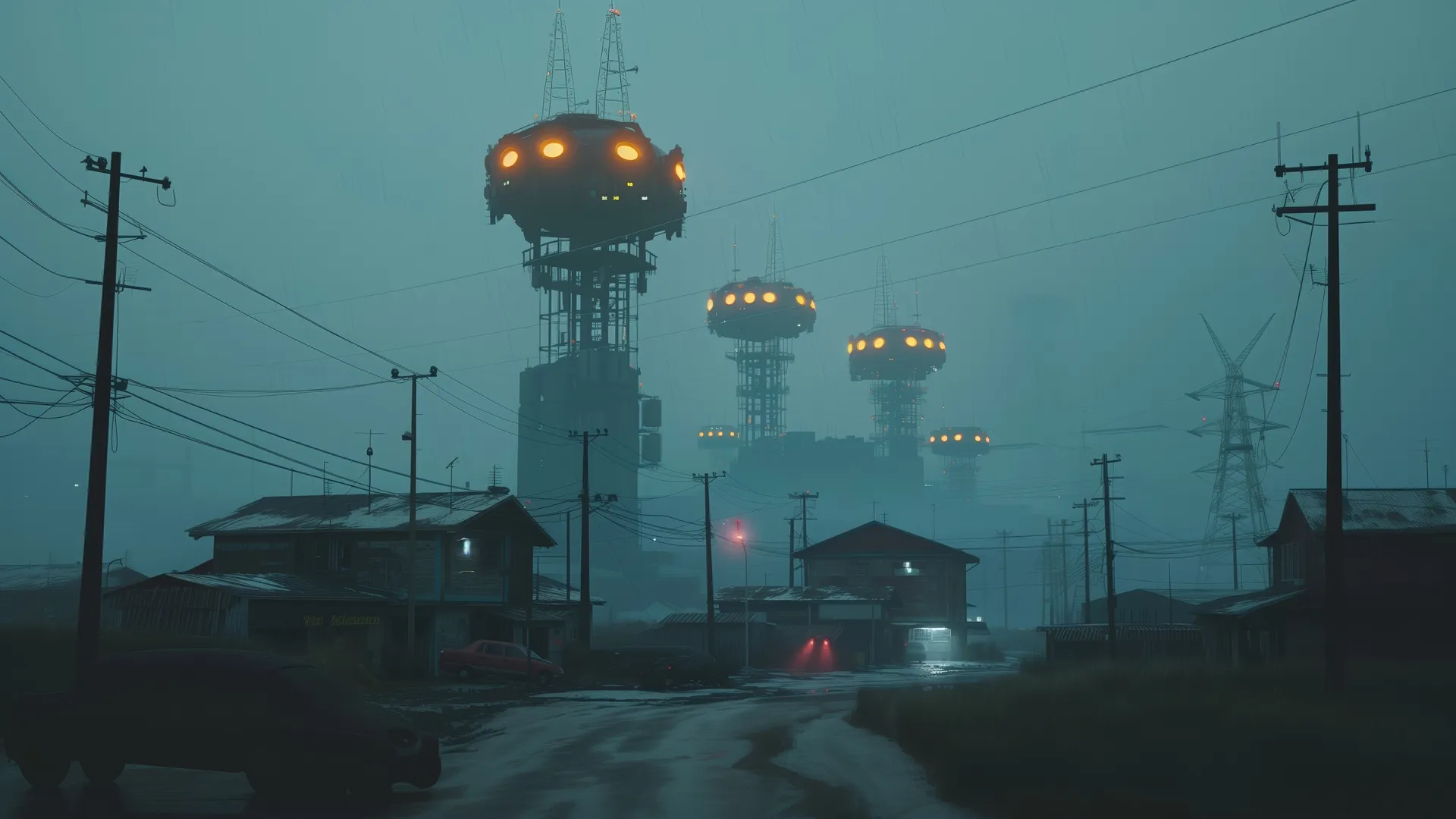 AI科幻黄昏塔雾4K艺术壁纸