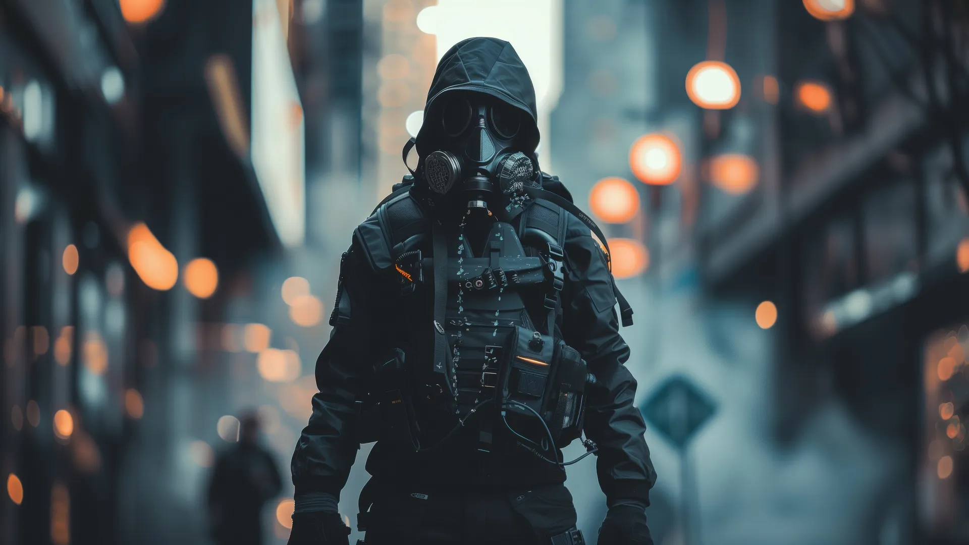 AI艺术赛博朋克4K壁纸：烟雾街道与兜帽面具