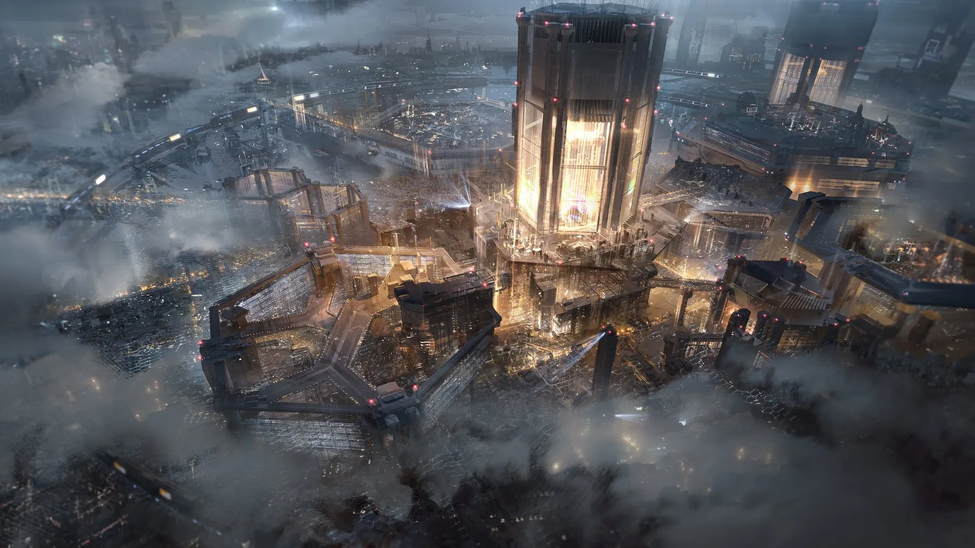 4K未来城市雾夜灯光建筑壁纸