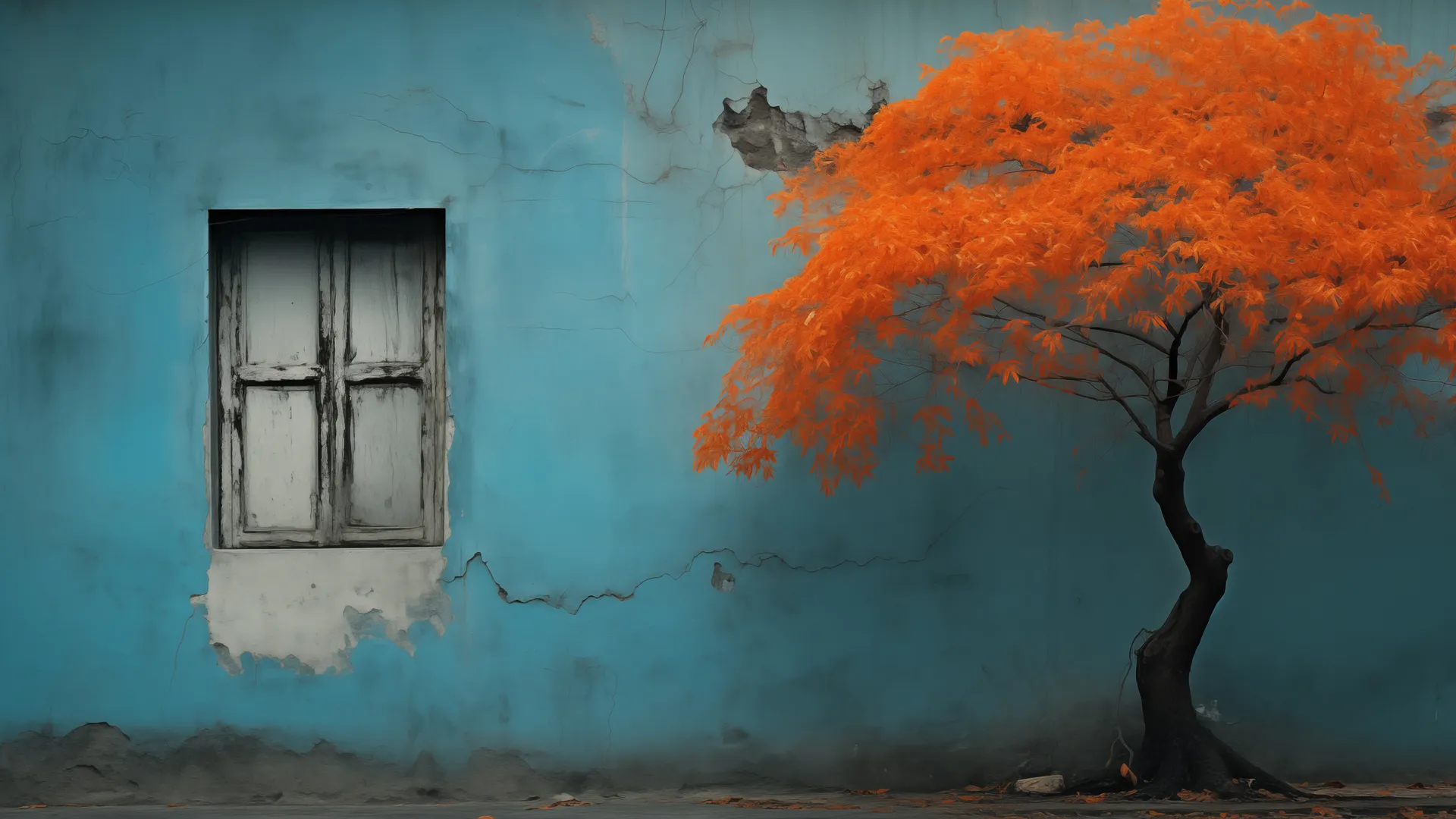 AI艺术4K壁纸：橙青树木窗景绘画