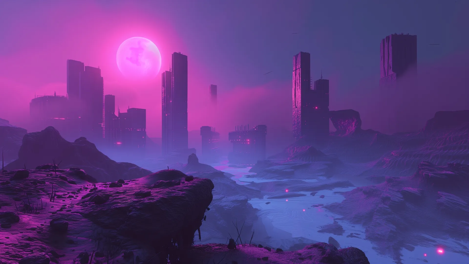 4K壁纸：薄雾紫月城市夜景