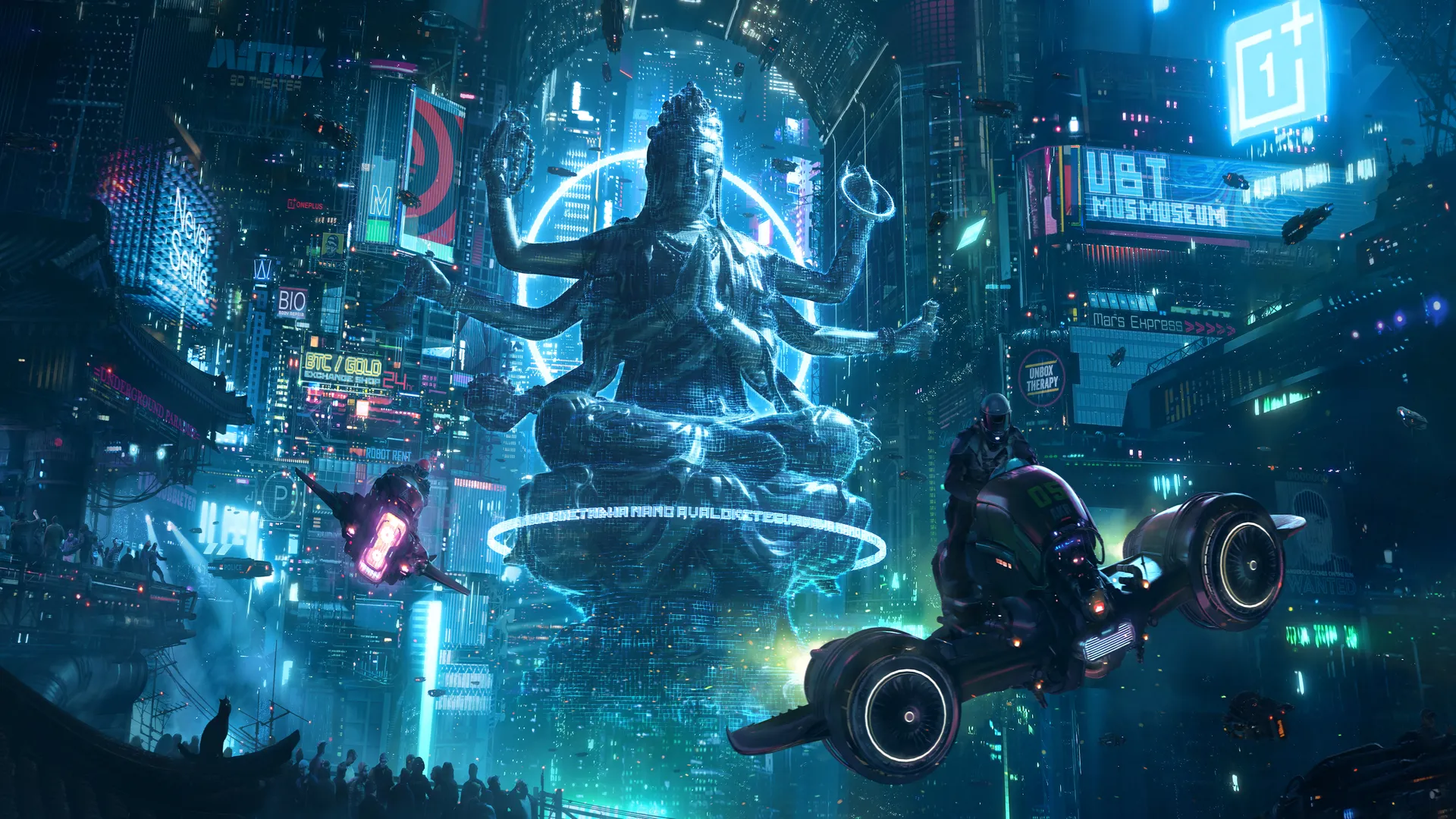 赛博朋克4K壁纸：雕像车辆AI艺术