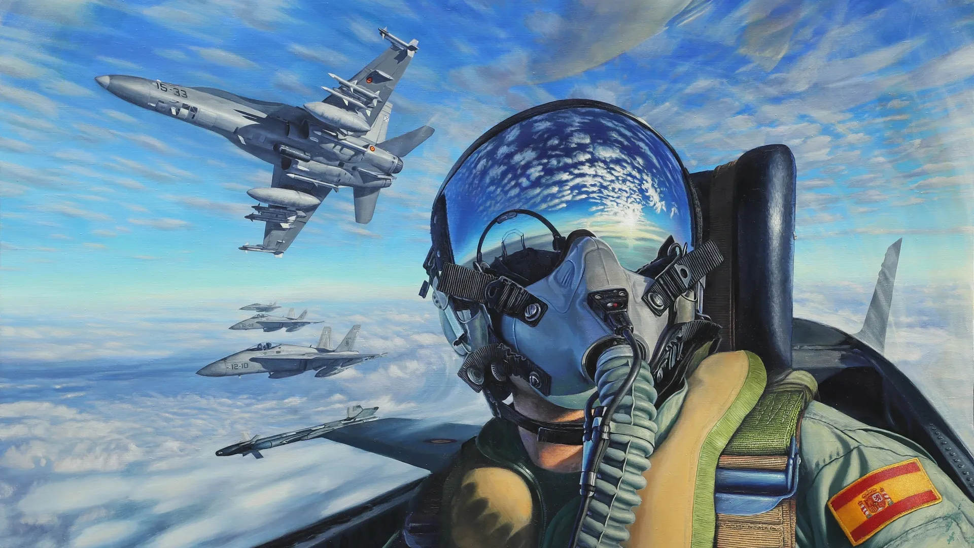 4K壁纸：飞行员头盔与驾驶舱云景