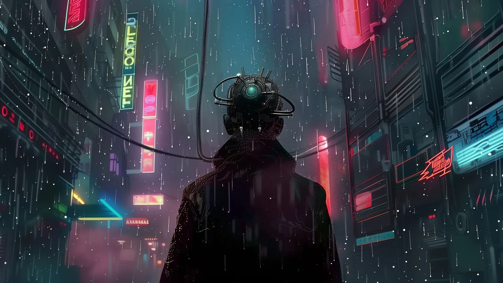 AI赛博朋克雨城霓虹耳机4K壁纸