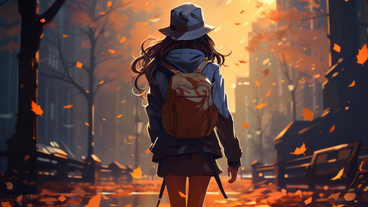 唯美动漫女生戴帽背包街景壁纸