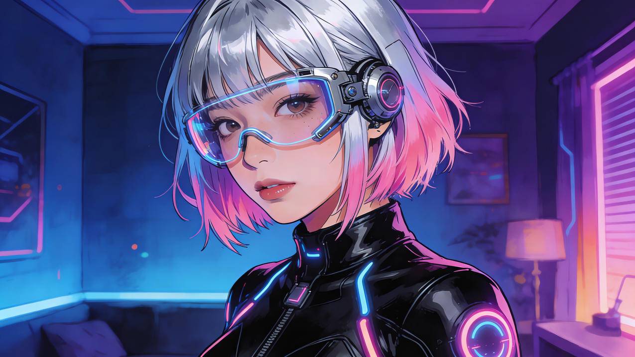 赛博朋克短发眼镜女孩电脑壁纸