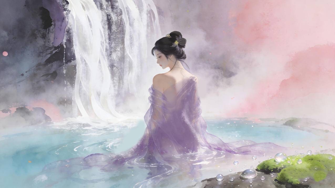 女孩瀑布唯美4K桌面壁纸