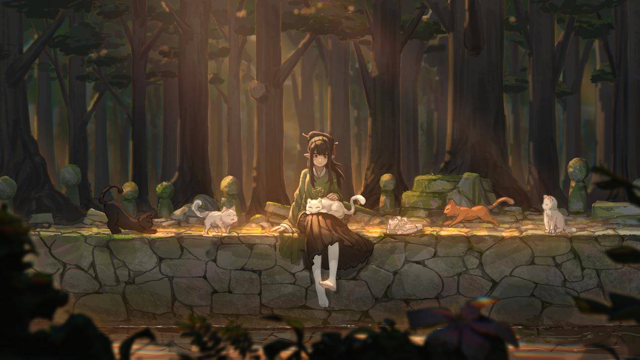 森林少女与猫动漫壁纸