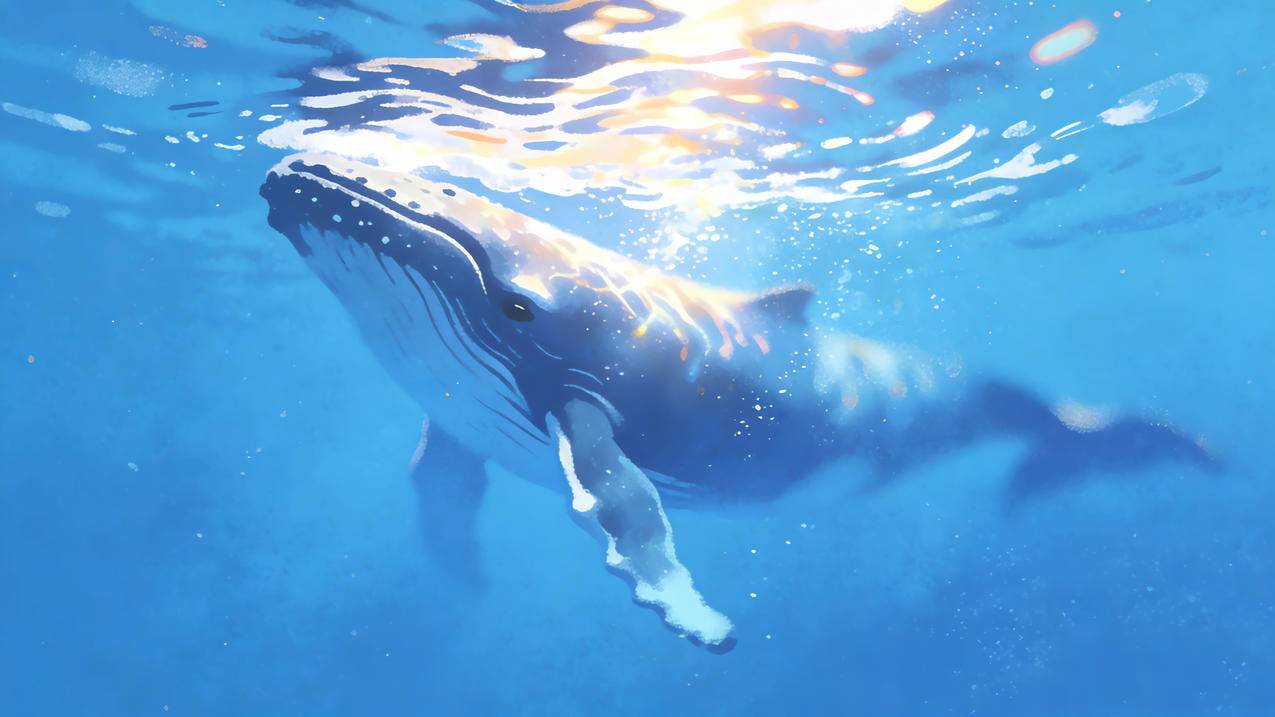 蓝色大海鲸鱼绘画4K壁纸