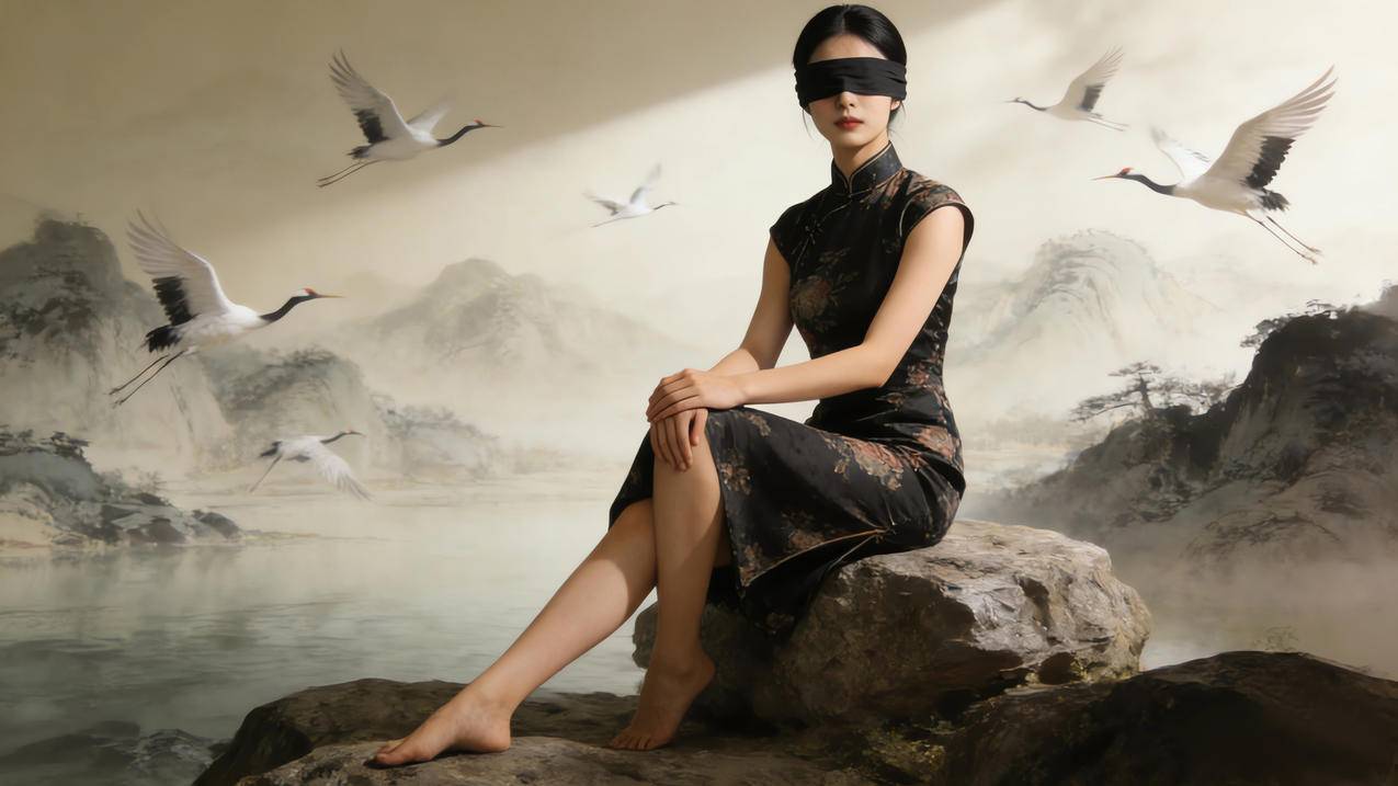 国风旗袍美女蒙眼仙鹤壁纸