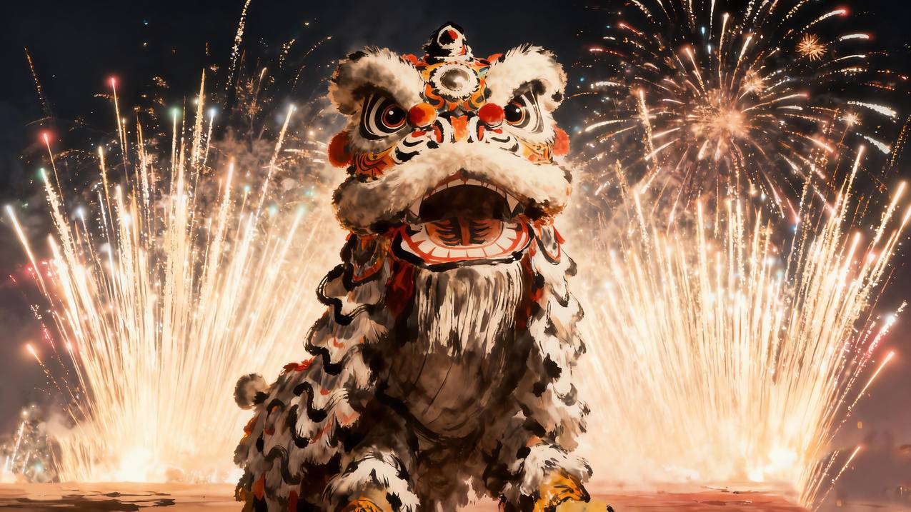 2026春节喜庆舞狮烟花壁纸