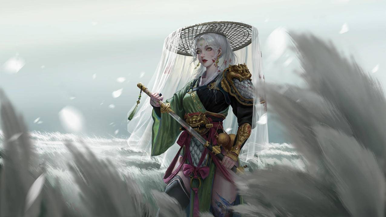 白发剑客少女芦苇帷帽动漫壁纸