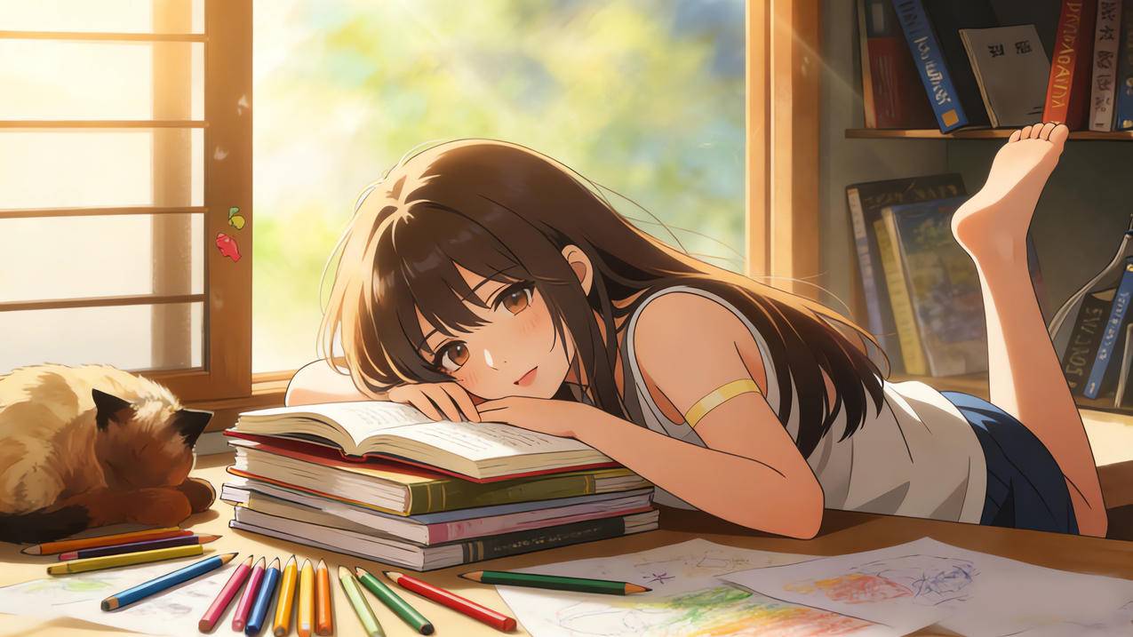 书房动漫壁纸 长发女孩读书窗景