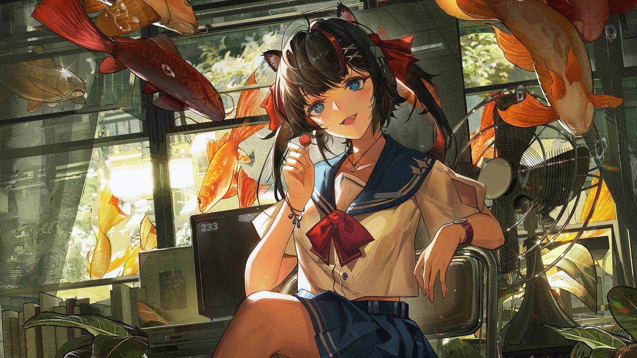 可爱女生奇幻鱼动漫4K壁纸