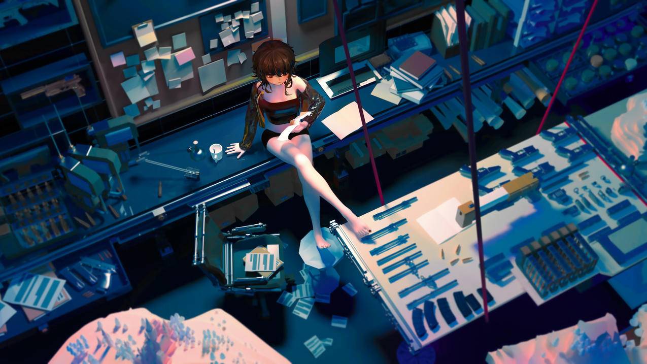 短发少女工作室夜景3D动漫壁纸