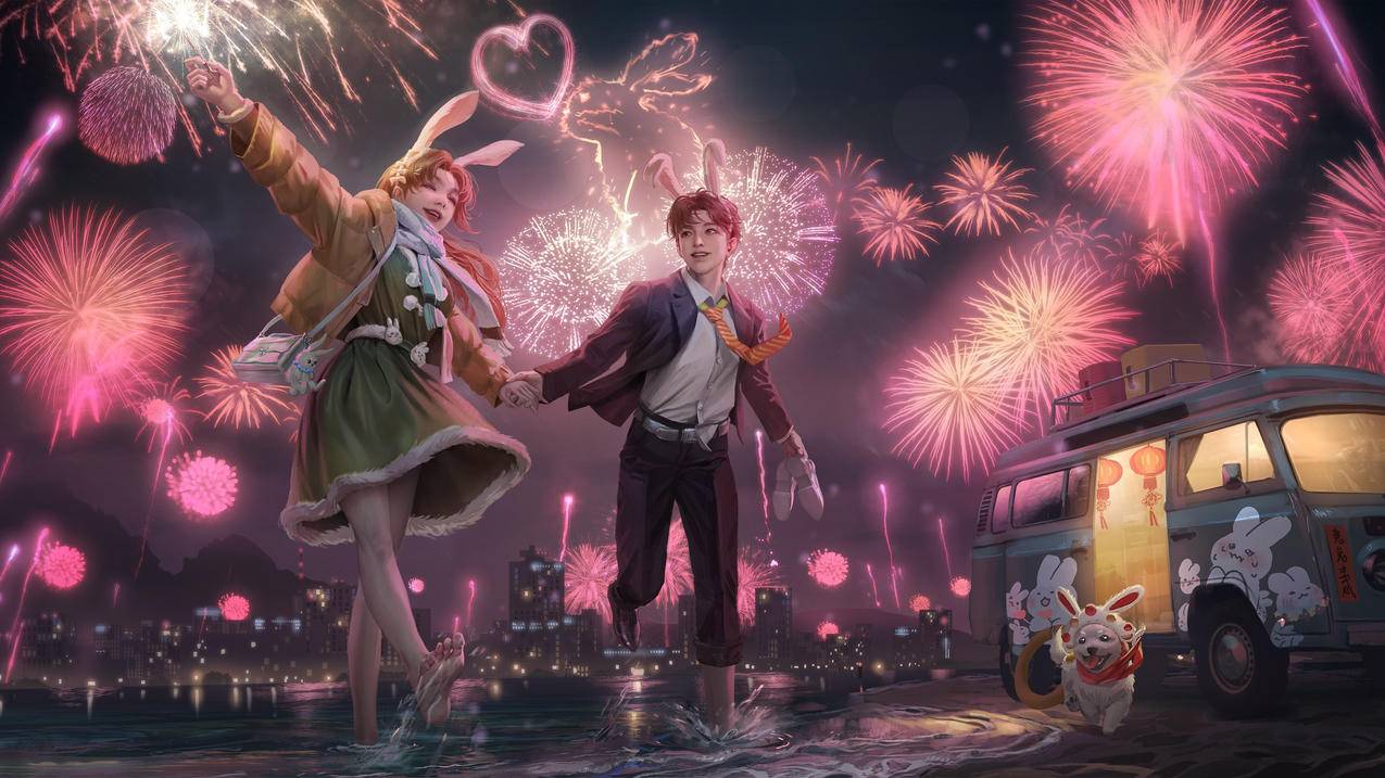 兔年情侣烟花夜晚高清壁纸