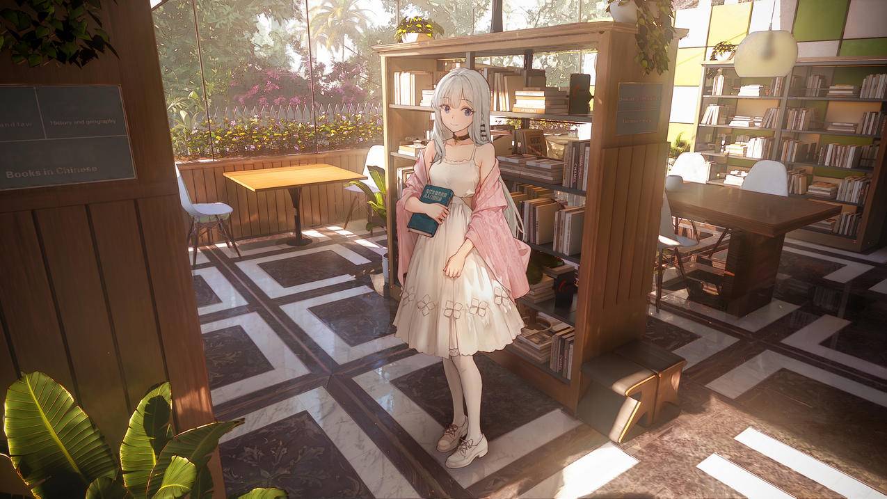 白发蓝眼动漫女孩图书馆微笑壁纸