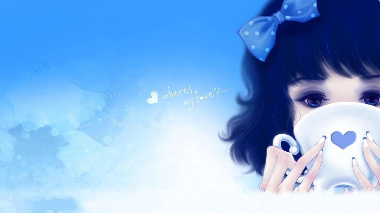 蓝色可爱动漫壁纸 蝴蝶结爱心杯子