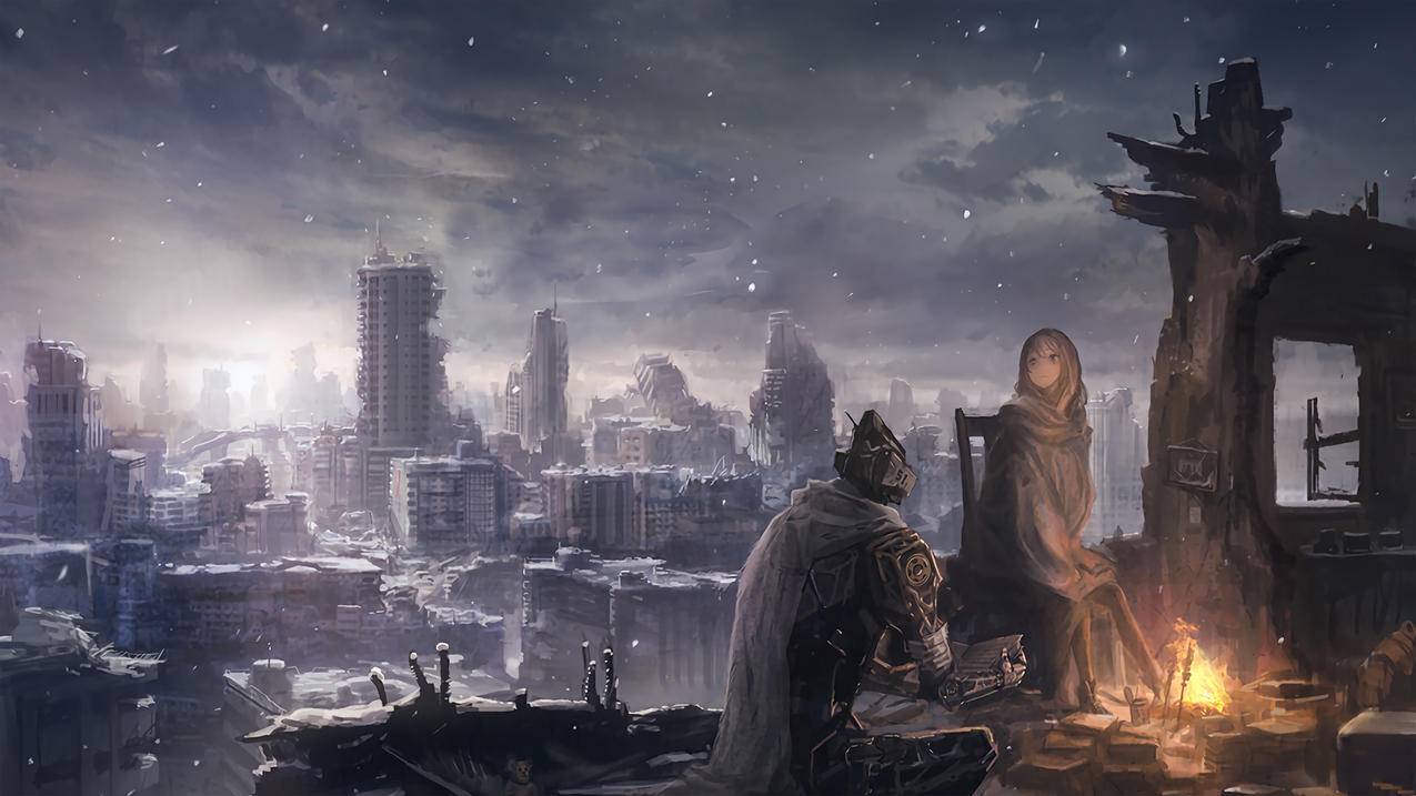 雪天城市火堆女生动漫壁纸