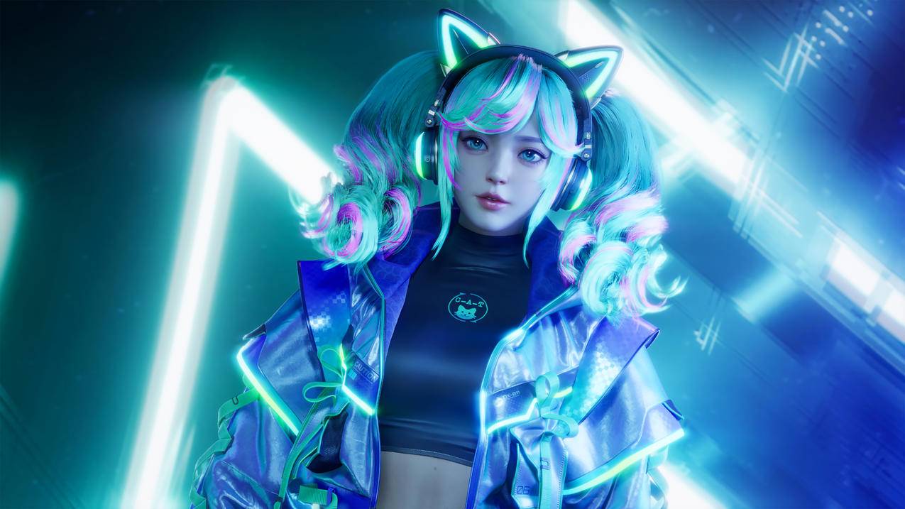 猫耳机双马尾少女3D高清壁纸