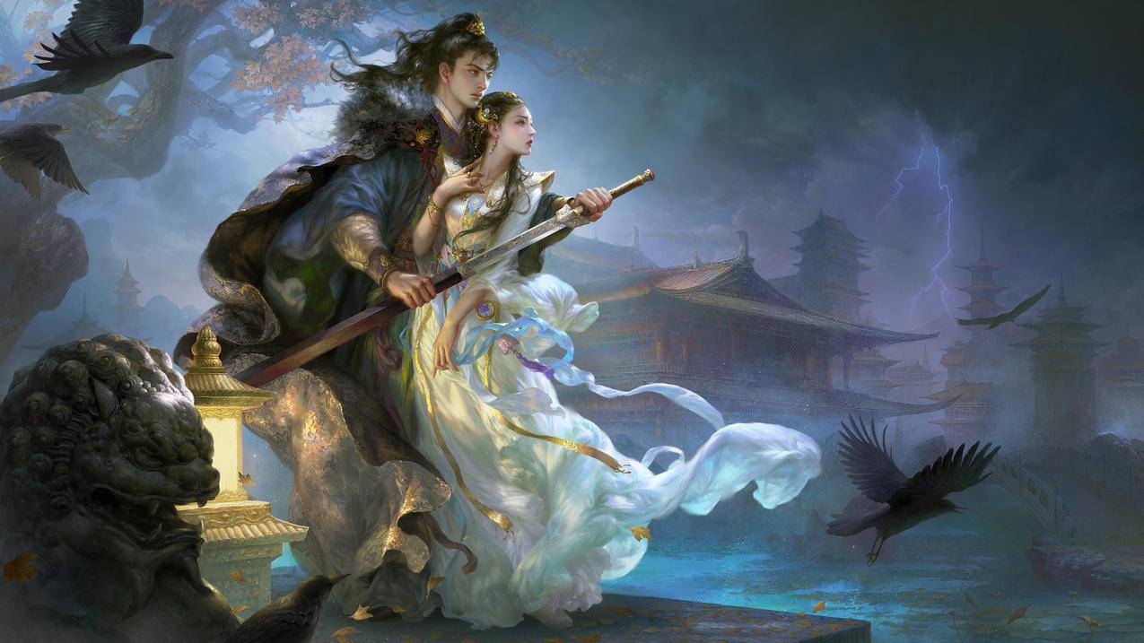 古风动漫壁纸：宫殿剑影与闪电鸦群