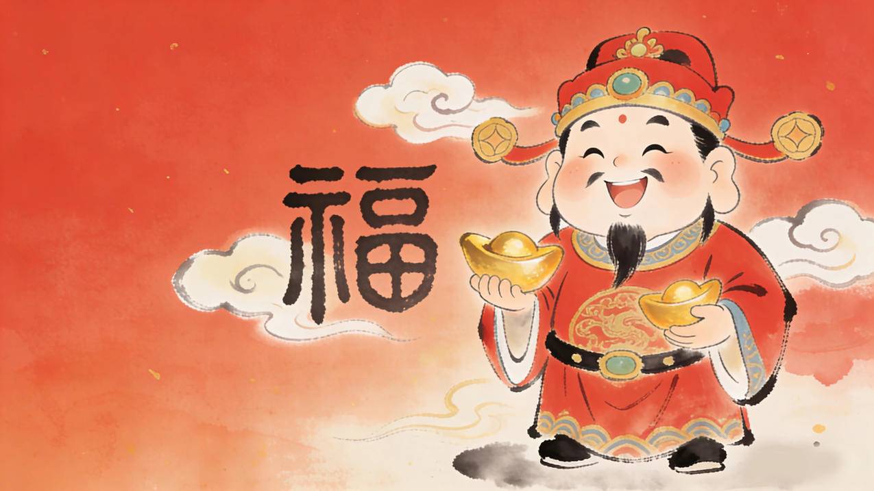 财神元宝福字水墨风4K壁纸