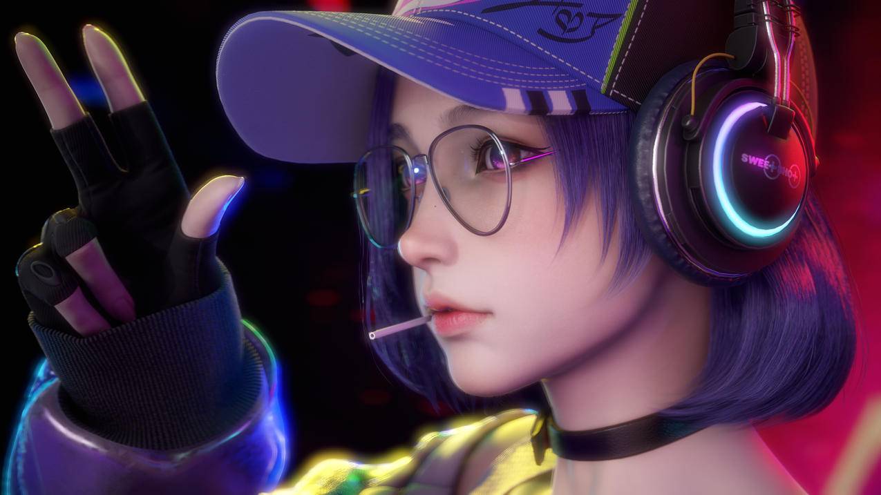 酷炫女孩耳机手势4K壁纸