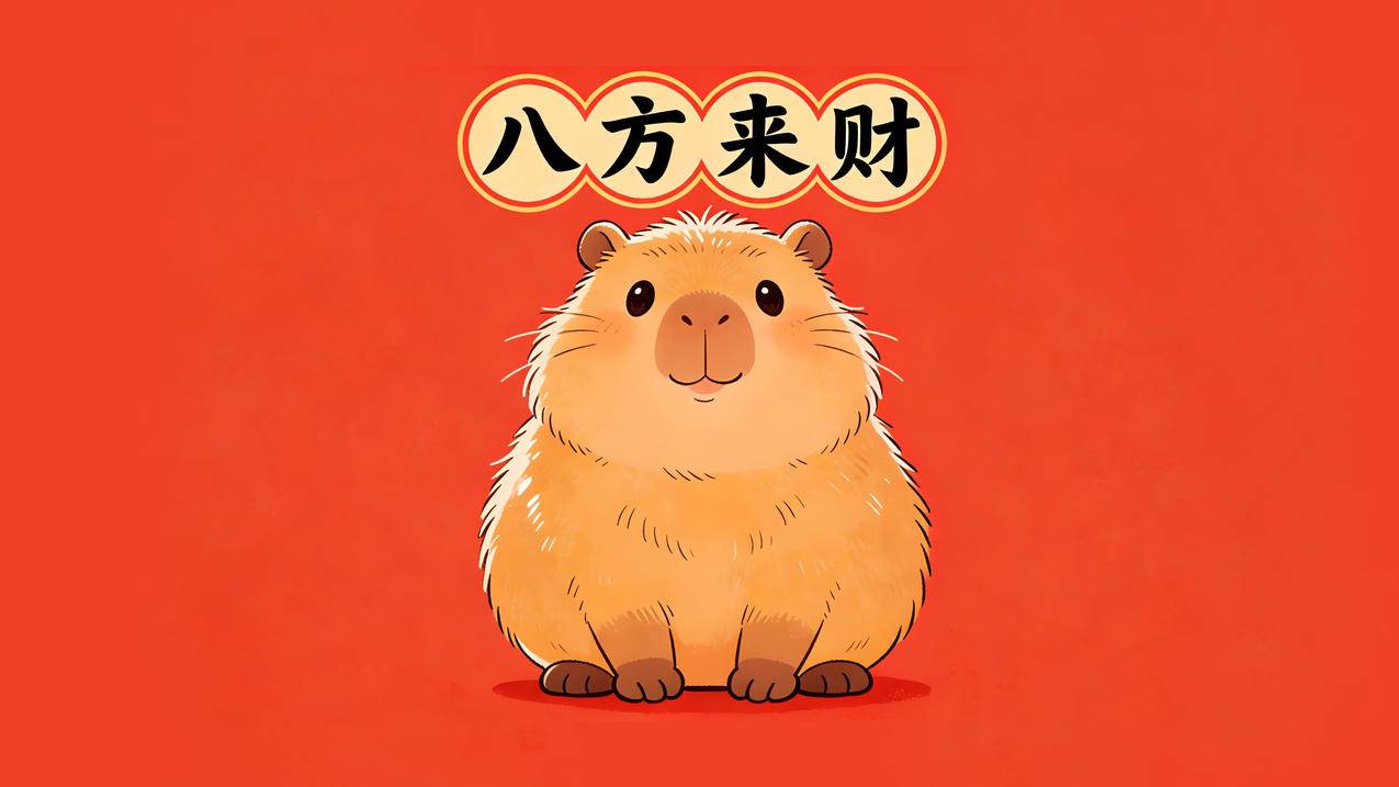 八方来财卡皮巴拉新年红色4K壁纸