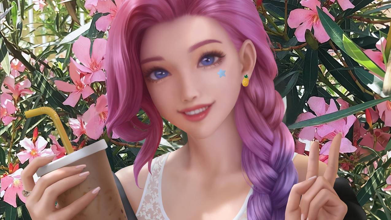 英雄联盟塞拉菲娜奶茶手势花丛壁纸