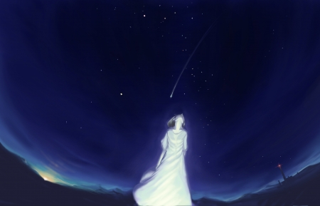 女孩 晚上 灯塔 天空 星