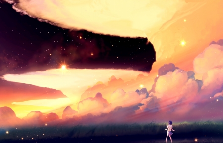 女孩 天空 星星 云彩 4K