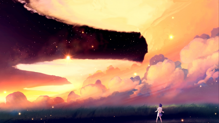 女孩 天空 星星 云彩 4K