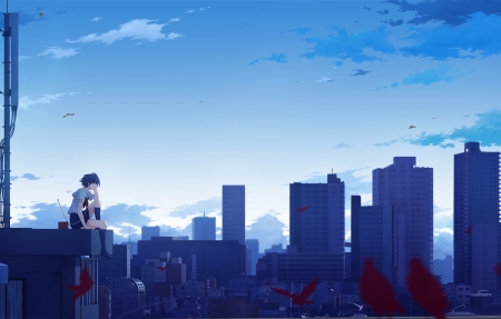 城市天空屋顶听音乐的女