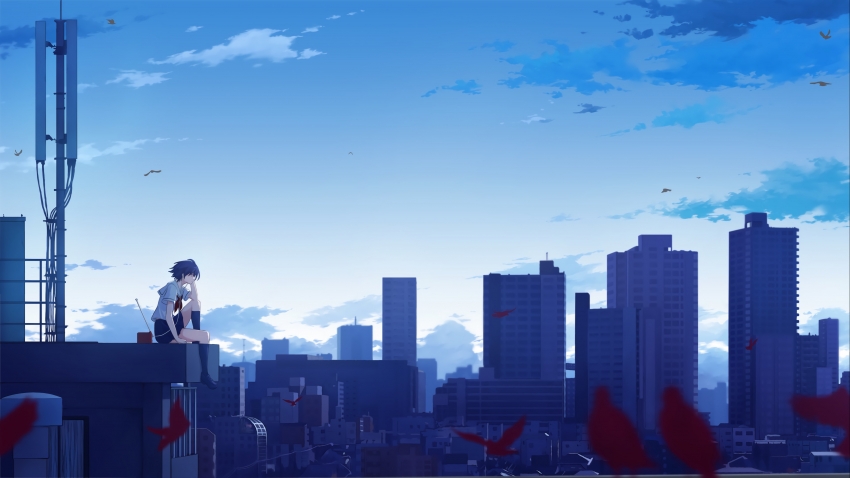 城市天空屋顶听音乐的女