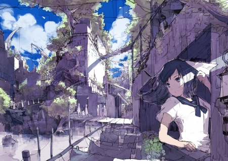 天空,云,城市,女学生,纸