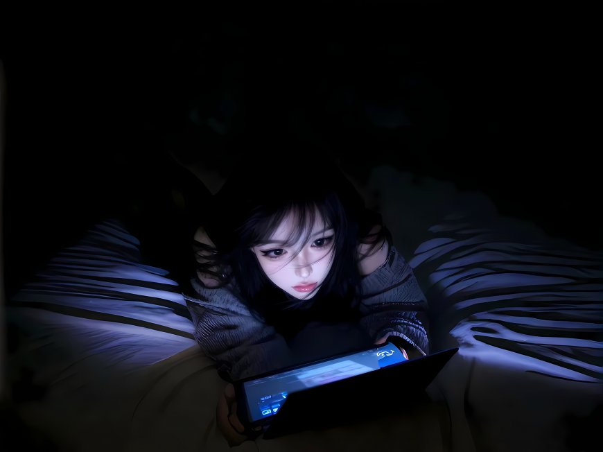深夜卧室女孩平板电脑光影氛围壁纸