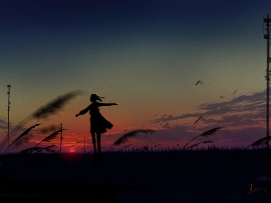 日落少女剪影芦苇紫橙飞鸟电脑壁纸