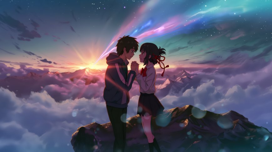 动漫情侣山巅牵手，云海星空极光浪漫壁纸