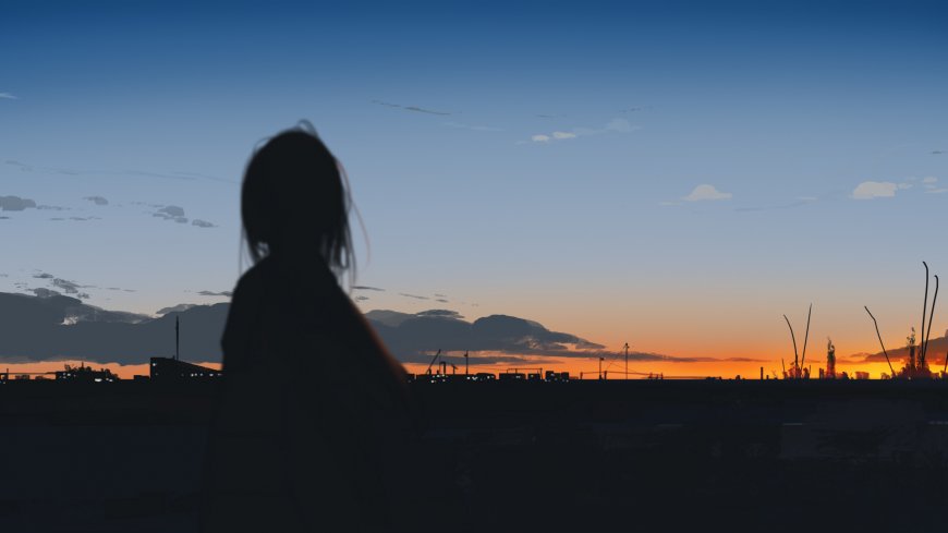 少女剪影城市日落黄昏天际线电脑壁纸