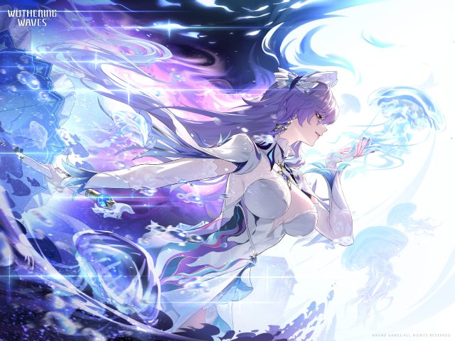 紫发微笑女孩4K壁纸，水母伞耳环侧视