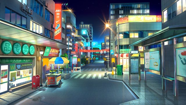 AI艺术夜景4K壁纸：街道建筑商店