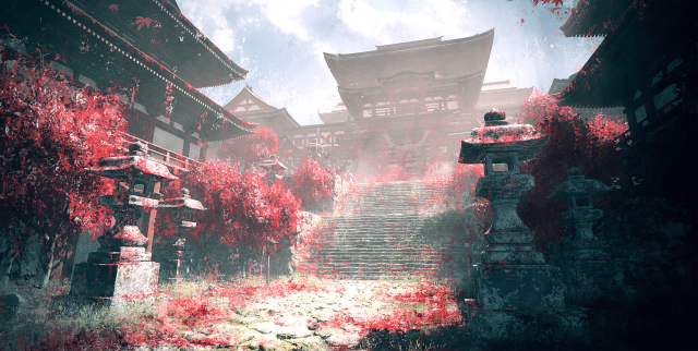 寺庙雾景4K壁纸：楼梯云树阳光