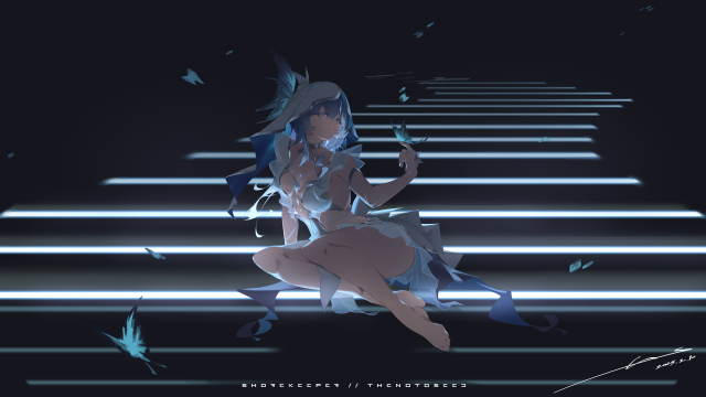 蓝发少女坐楼梯，8K壁纸蝴蝶飞