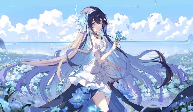 长发动漫女孩4K壁纸，天空花瓣飘落